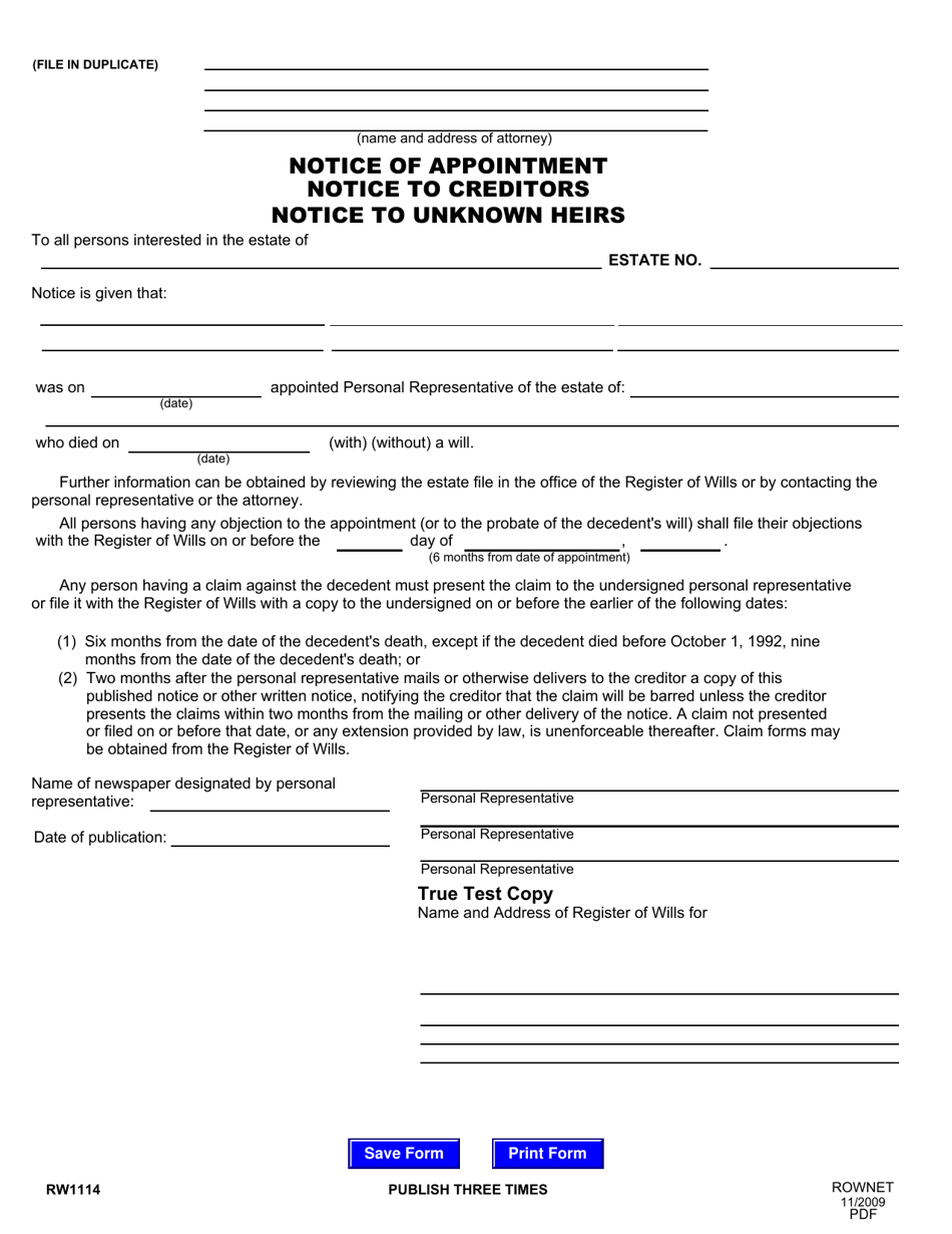 Form RW1114 Notice of Appointment Notice to Creditors Notice to Unknown Heirs - Maryland, Page 1