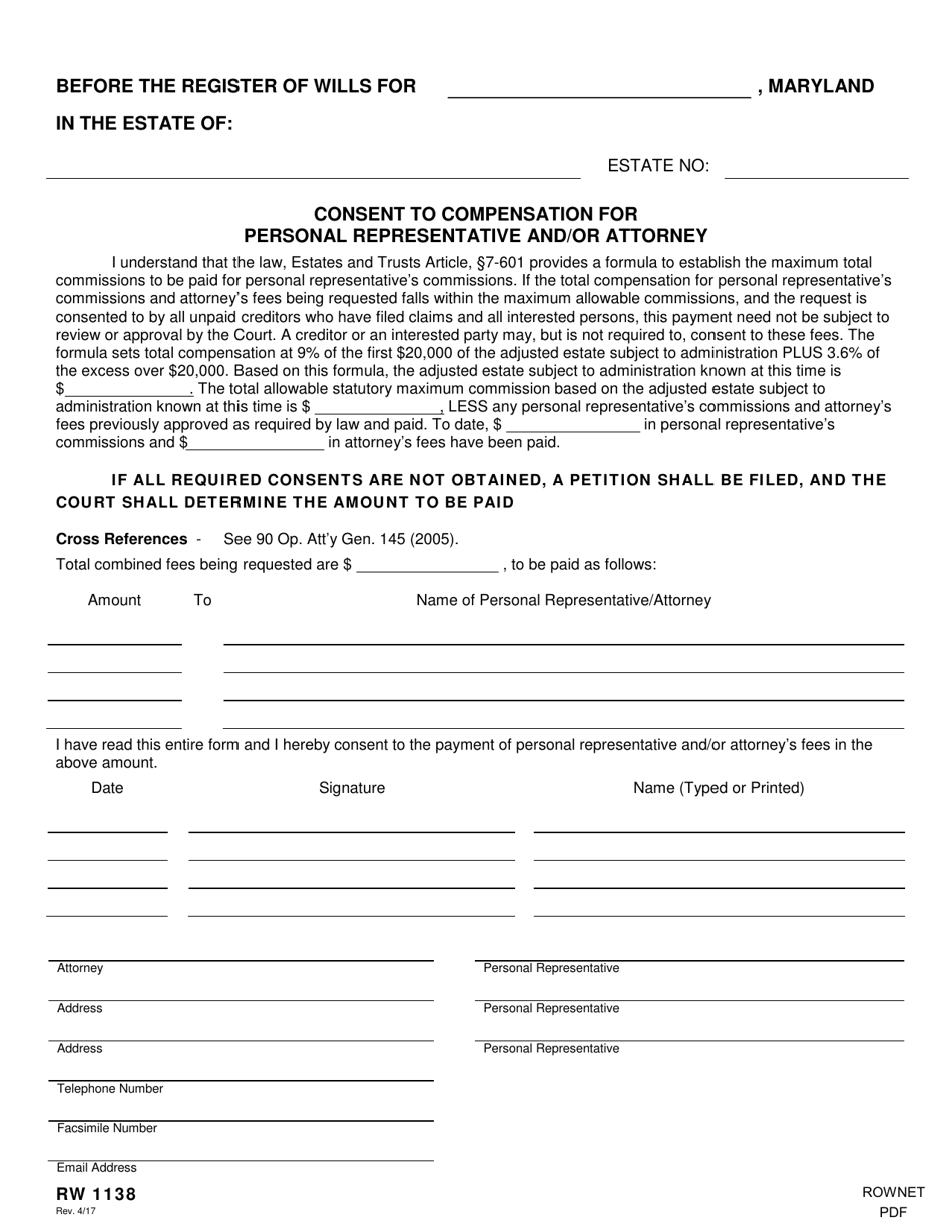 Form RW1138 Consent to Compensation for Personal Representative and / or Attorney - Maryland, Page 1