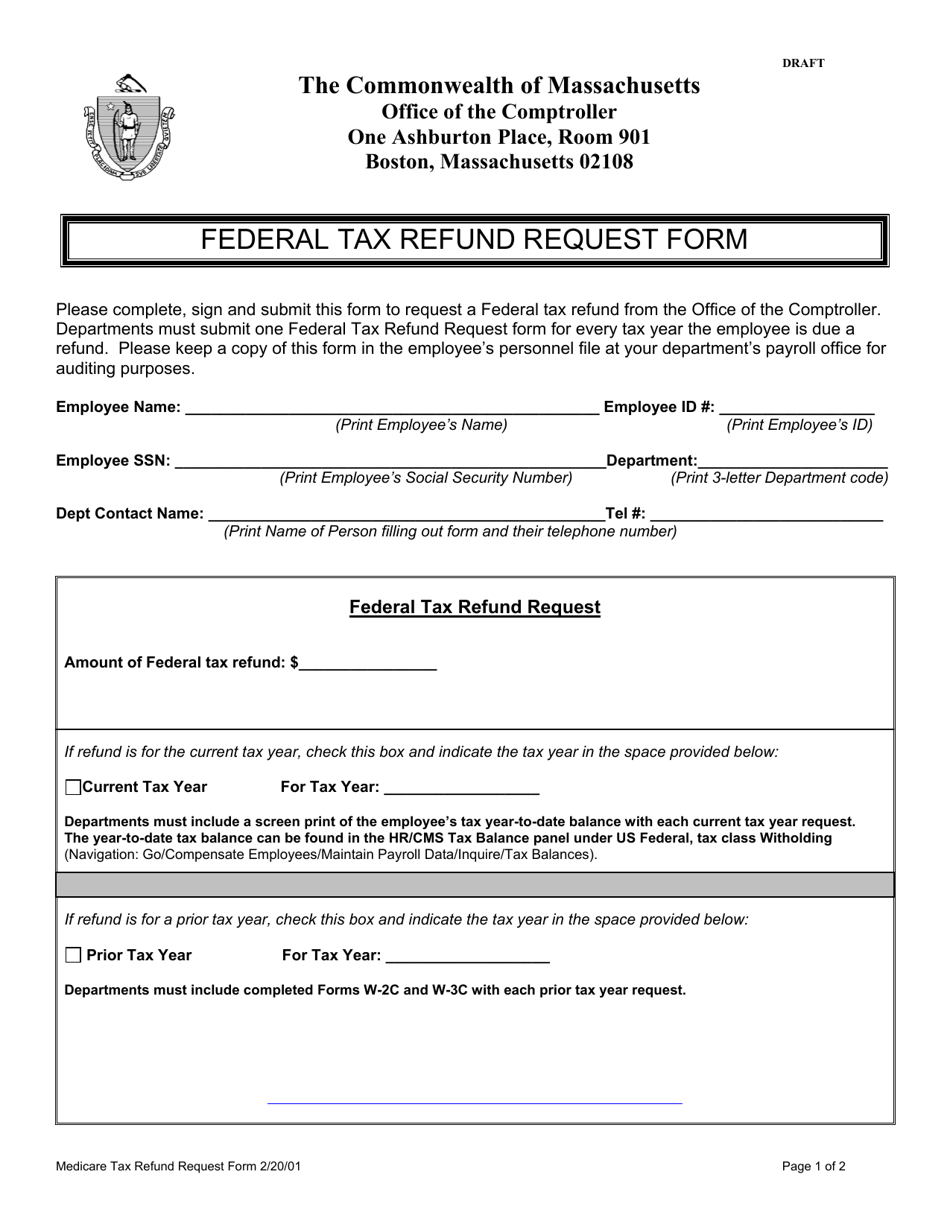 Federal Tax Refund Request Form - Massachusetts, Page 1