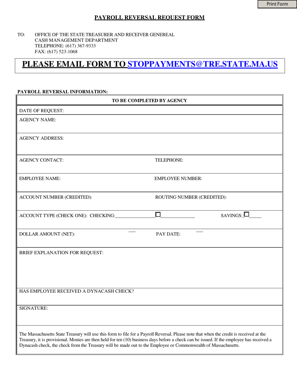 Payroll Reversal Request Form - Massachusetts, Page 1