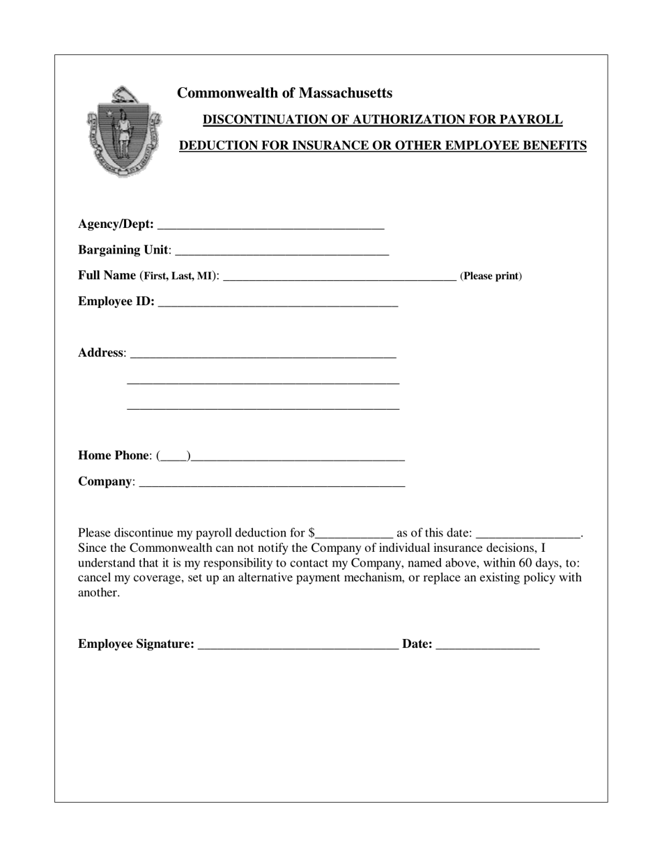 Discontinuation of Authorization for Payroll Deduction for Insurance or Other Employee Benefits - Massachusetts, Page 1