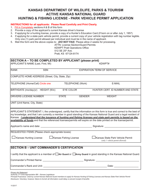 Active Kansas National Guard Hunting & Fishing License - Park Vehicle Permit Application - Kansas Download Pdf