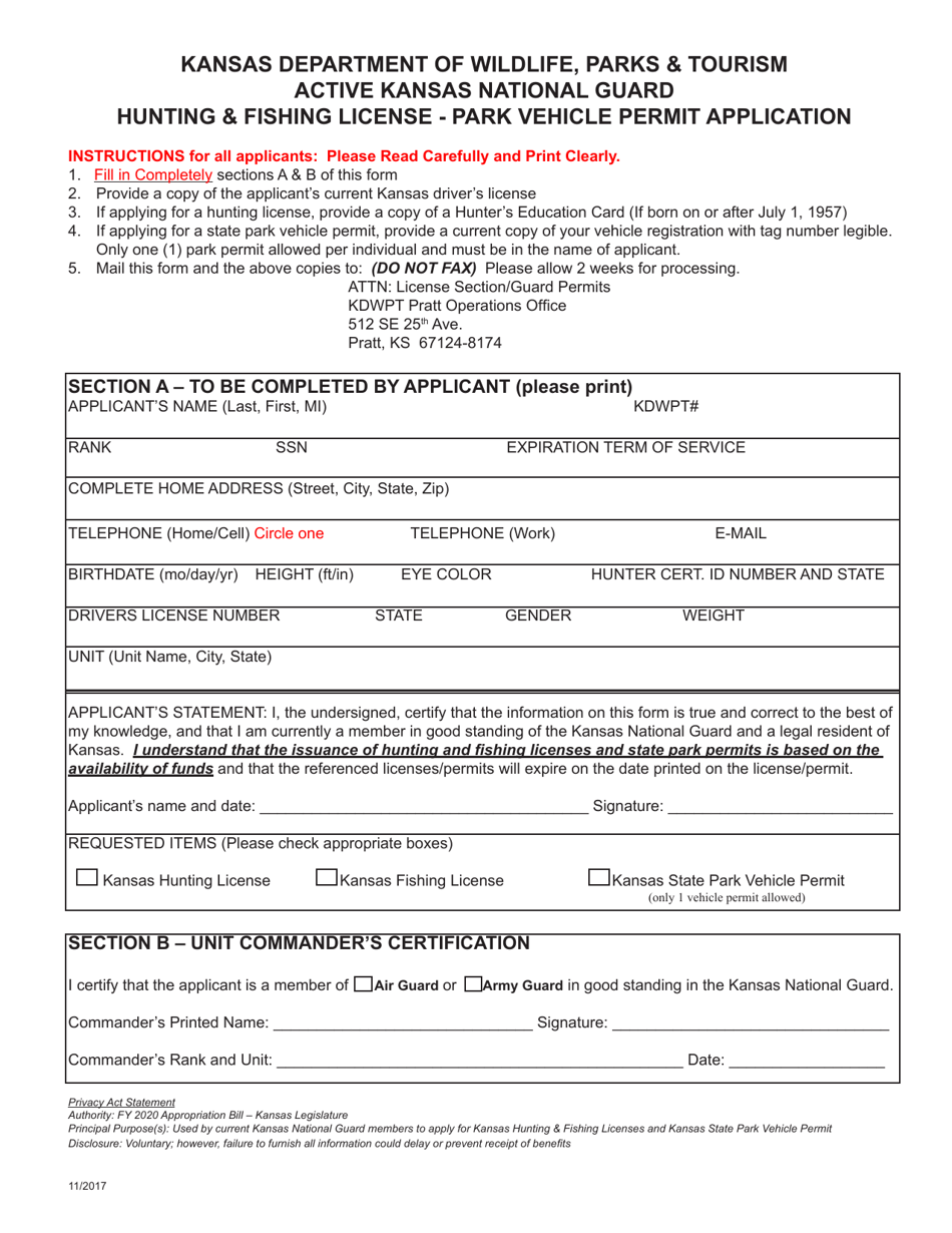 Active Kansas National Guard Hunting  Fishing License - Park Vehicle Permit Application - Kansas, Page 1