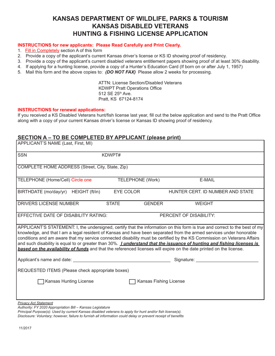 Kansas Disabled Veterans Hunting  Fishing License Application - Kansas, Page 1