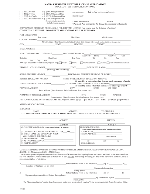 Kansas Resident Lifetime License Application - Kansas Download Pdf