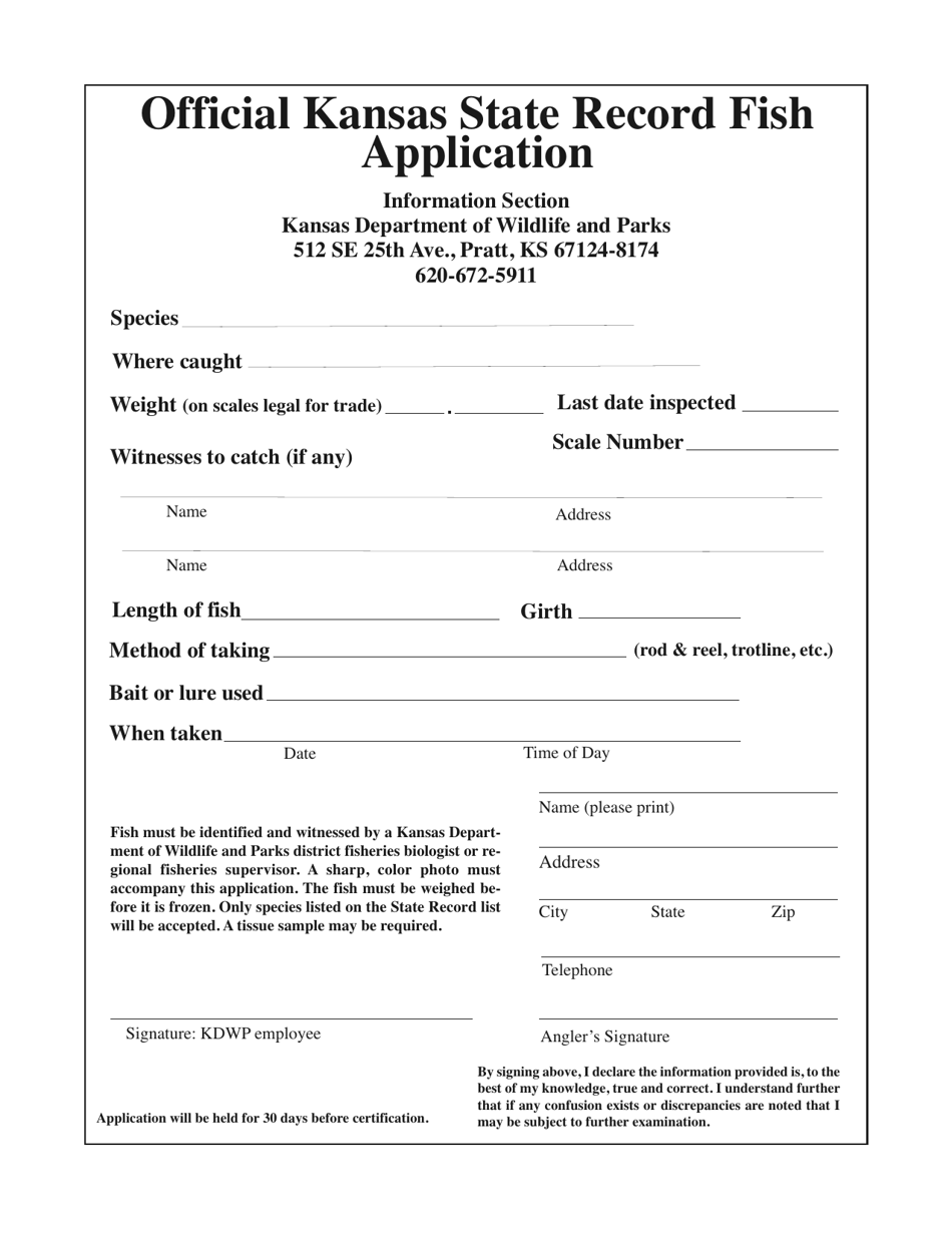 Official Kansas State Record Fish Application - Kansas, Page 1