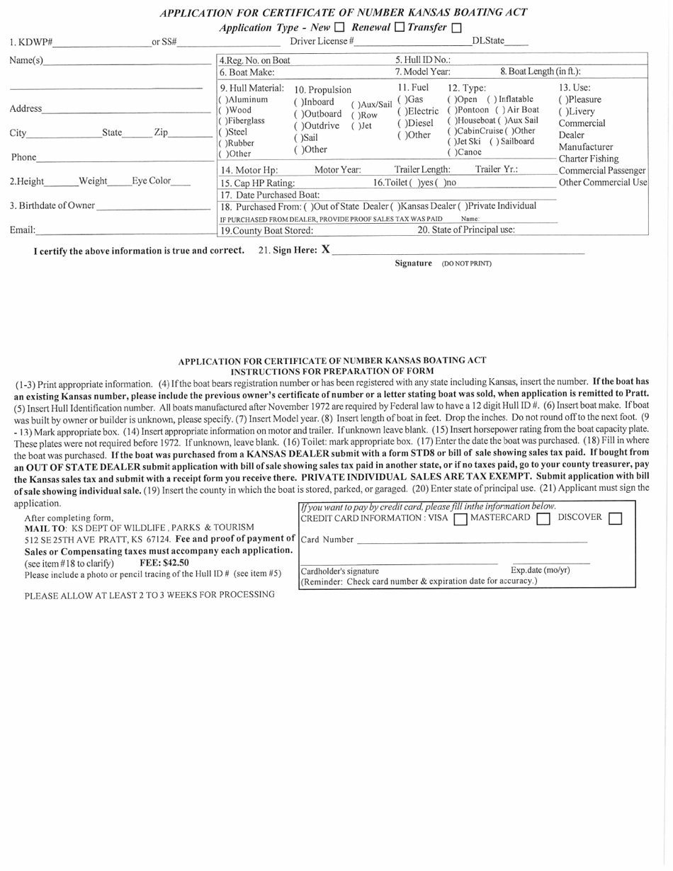 Kansas Application for Certificate of Number Kansas Boating Act