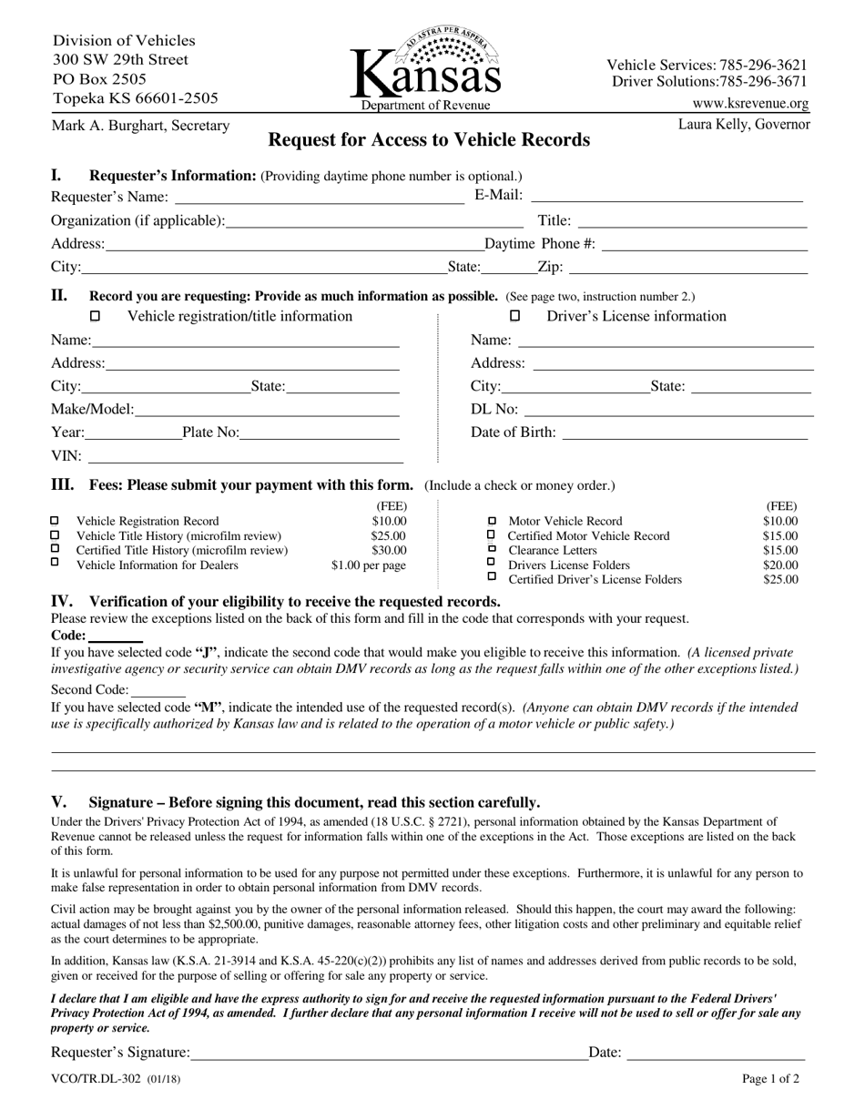 Form VCO / TR.DL-302 Request for Access to Vehicle Records - Kansas, Page 1