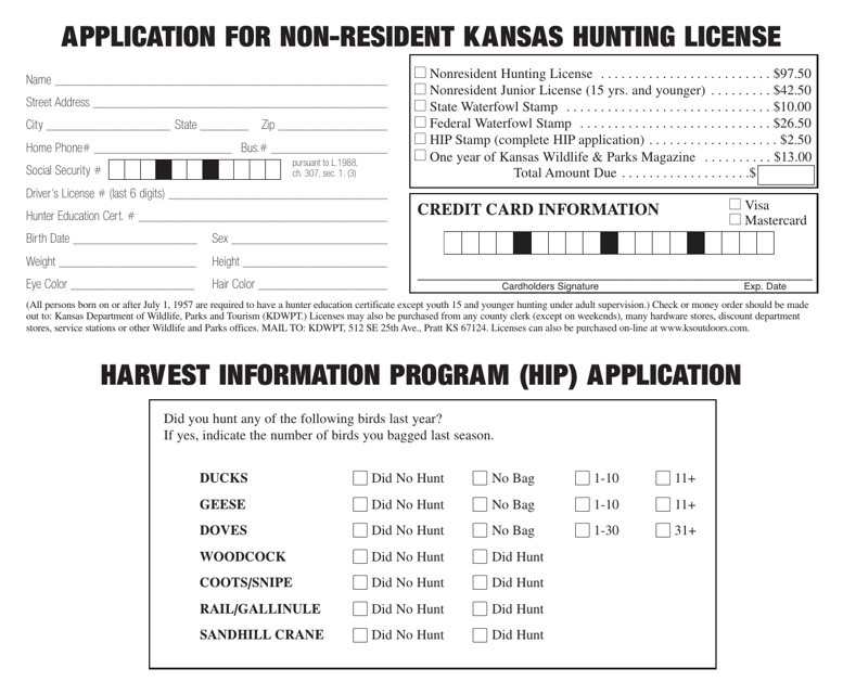Application for Non-resident Kansas Hunting License - Kansas Download Pdf