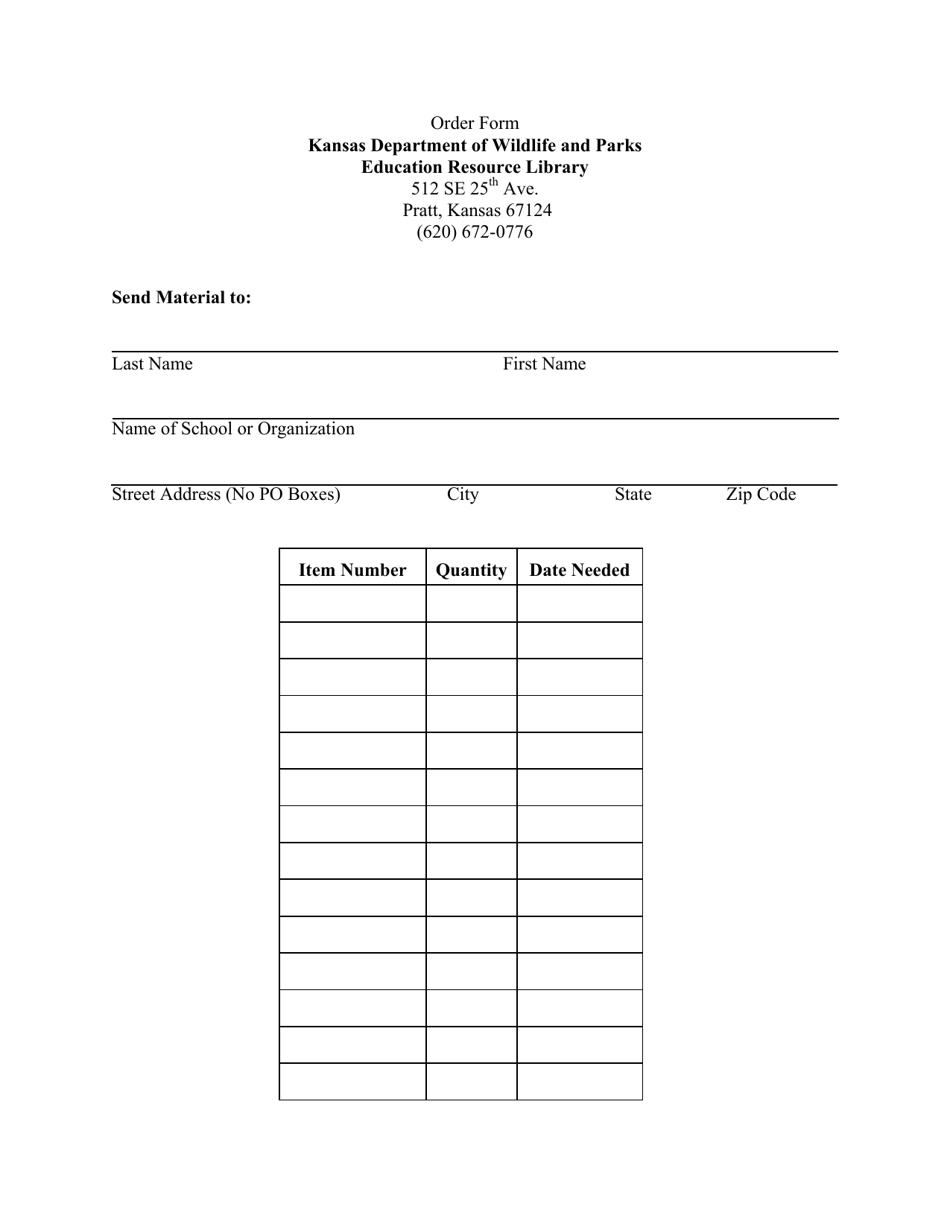 Education Resource Library Order Form - Kansas, Page 1