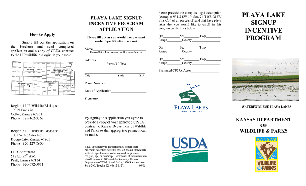 Playa Lake Signup Incentive Program Application - Kansas Download Pdf