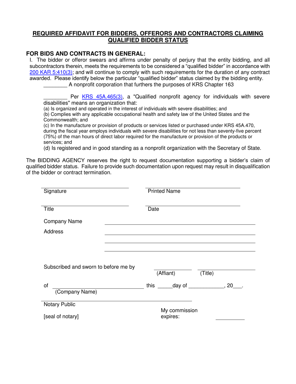 Required Affidavit for Bidders, Offerors and Contractors Claiming Qualified Bidder Status - Kentucky, Page 1