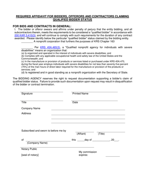 Required Affidavit for Bidders, Offerors and Contractors Claiming Qualified Bidder Status - Kentucky Download Pdf