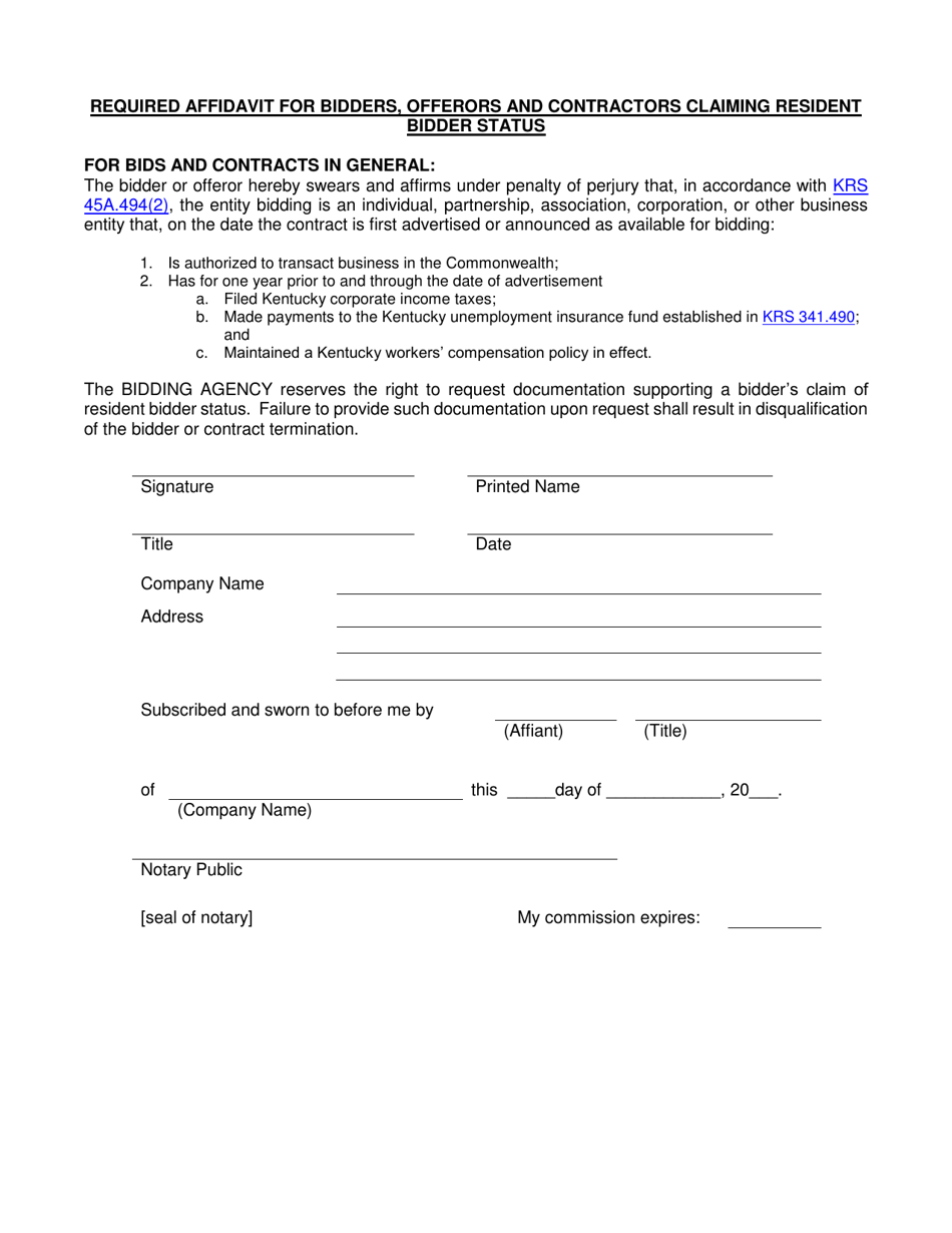 Required Affidavit for Bidders, Offerors and Contractors Claiming Resident Bidder Status - Kentucky, Page 1