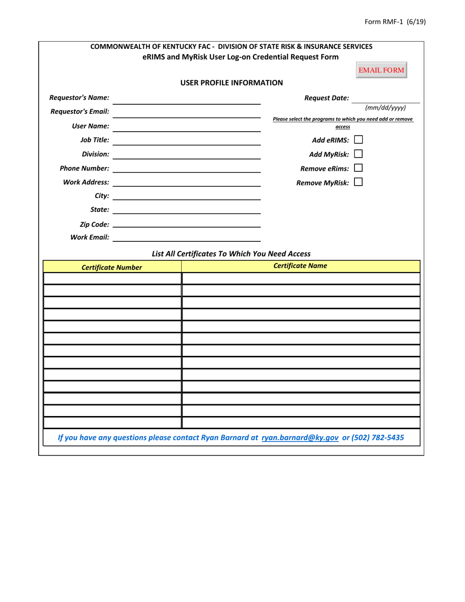 Form RMF-1 Erims and Myrisk User Log-On Credential Request Form - Kentucky, Page 1