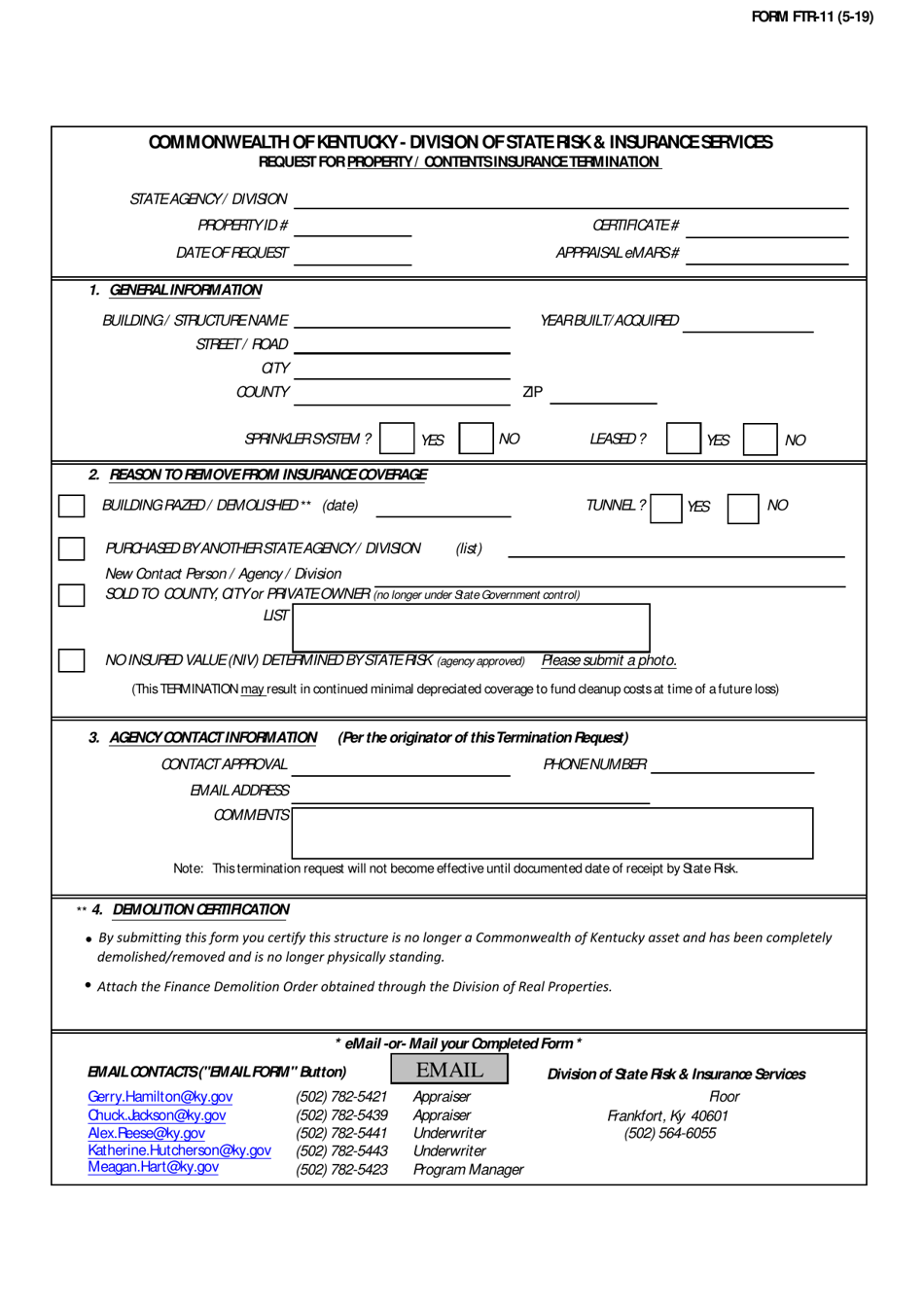 Form FTR-11 Request for Property / Contents Insurance Termination - Kentucky, Page 1