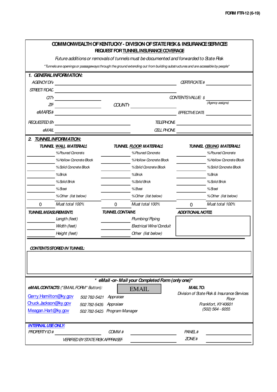 Form FTR-12 Request for Tunnel Insurance Coverage - Kentucky, Page 1