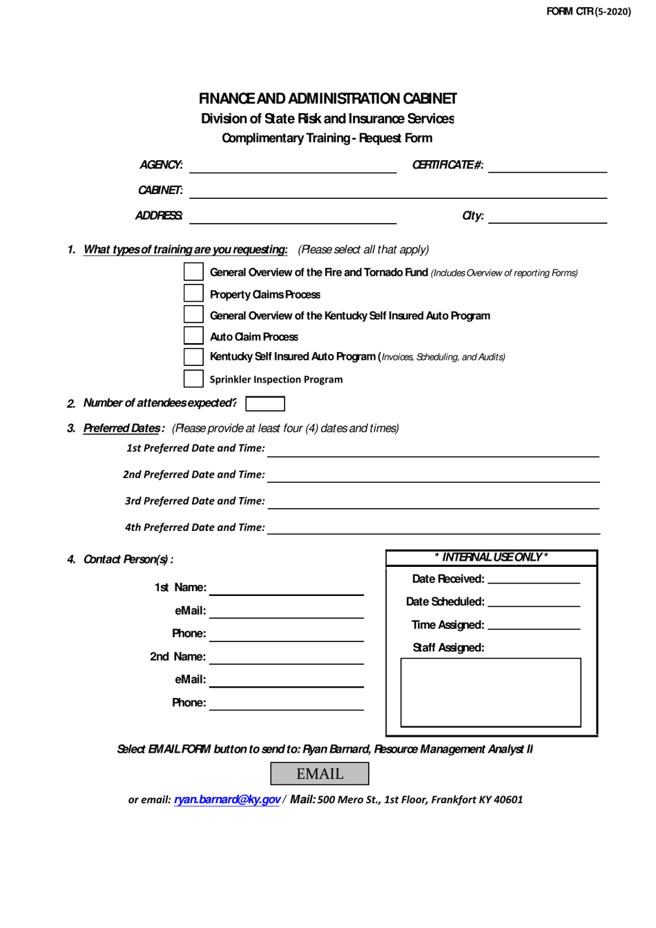 Form CTR Complimentary Training Request Form - Kentucky, Page 1
