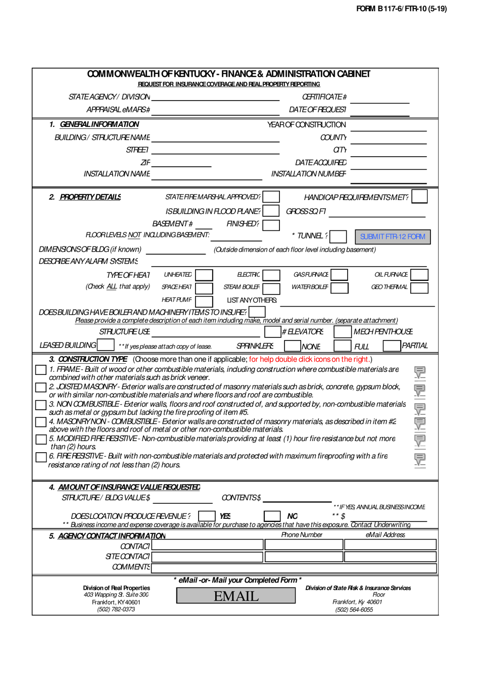 Form B117-6 (FTR-10) Request for Insurance Coverage and Real Property Reporting - Kentucky, Page 1