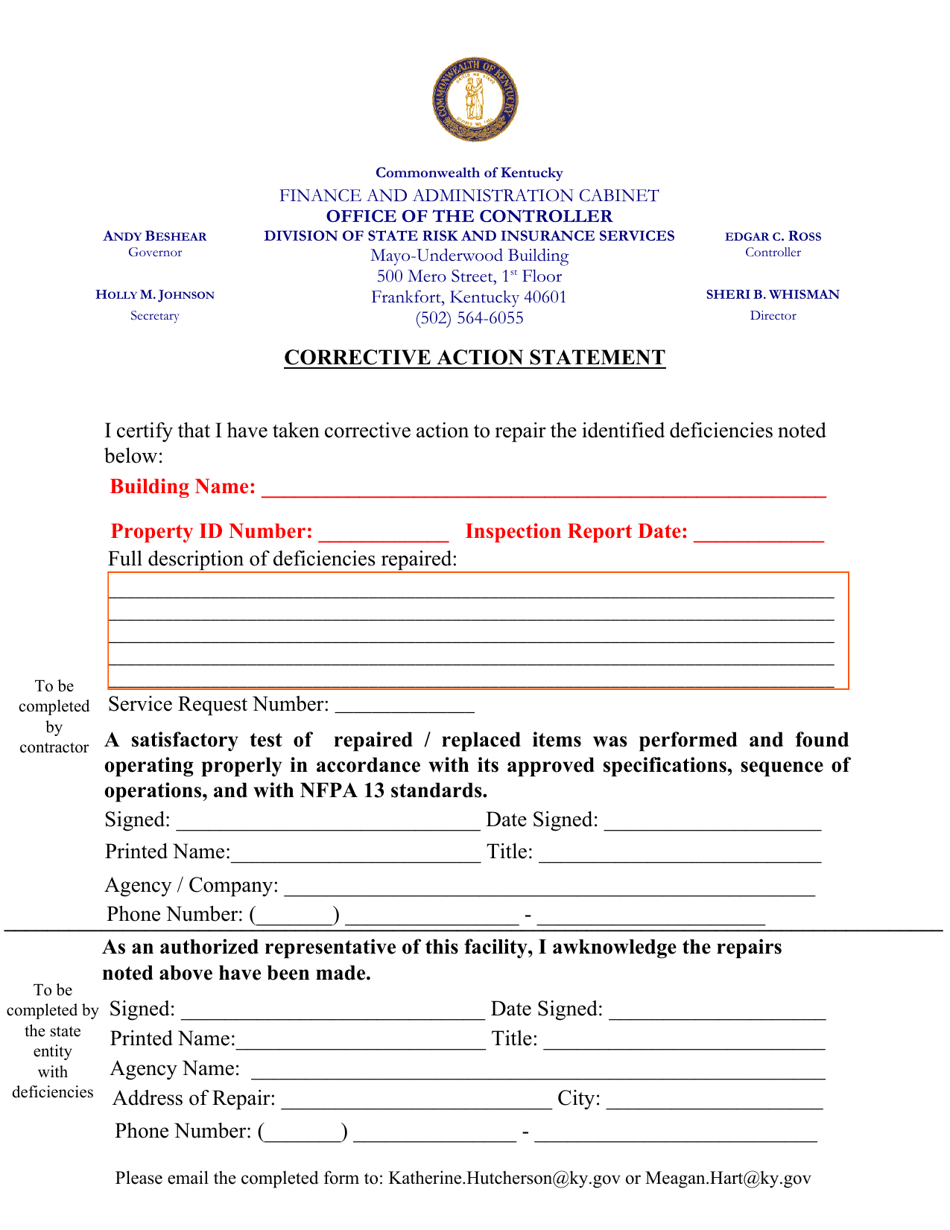 Corrective Action Statement - Contractor - Kentucky, Page 1