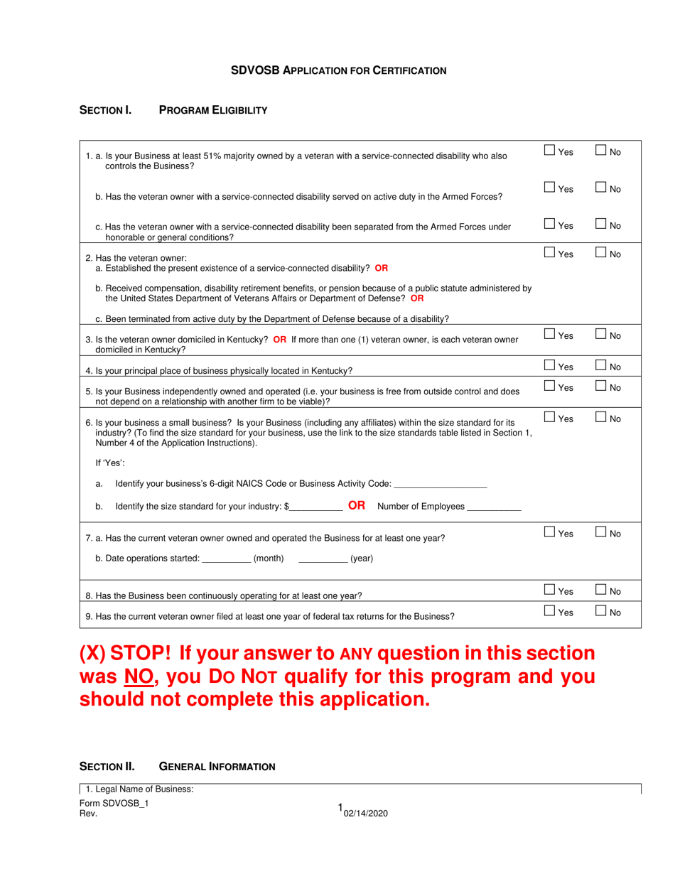 Form SDVOSB_1 Service-Disabled Veteran-Owned Small Business Certification Application - Kentucky, Page 2