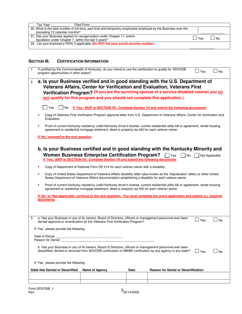 Form SDVOSB_1 Service-Disabled Veteran-Owned Small Business Certification Application - Kentucky, Page 4