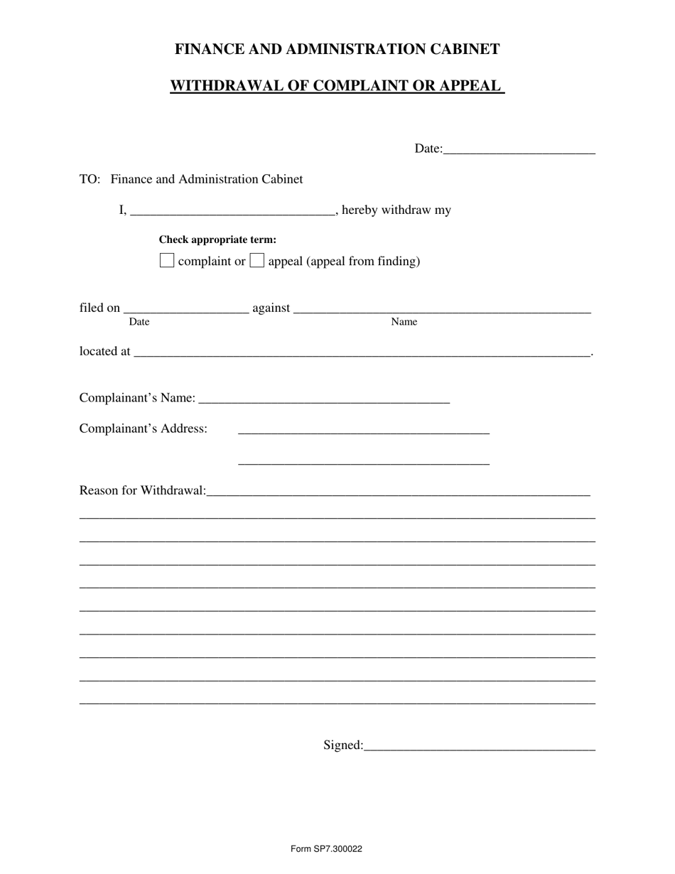 Form SP7.300022 Withdrawal of Complaint or Appeal - Kentucky, Page 1