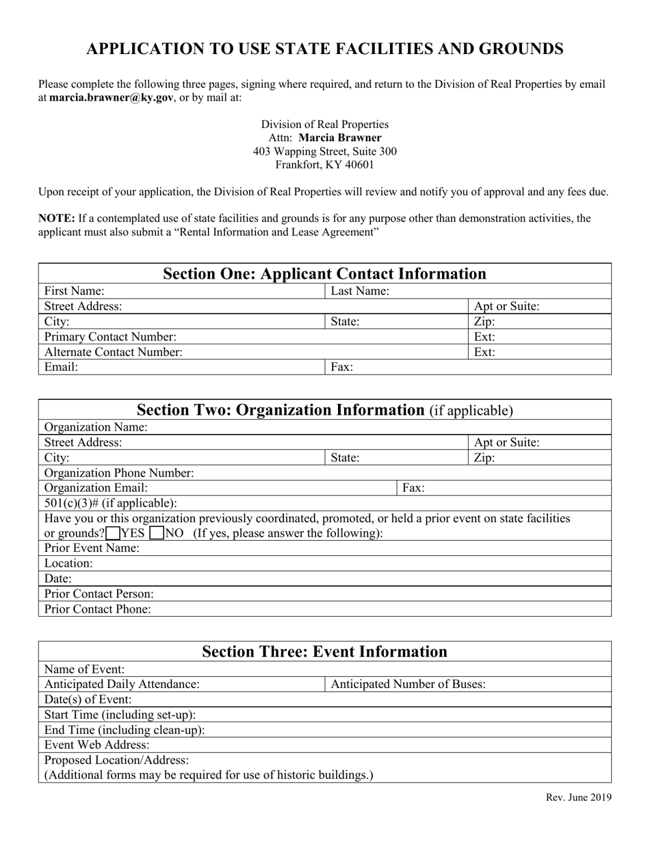 Application to Use State Facilities and Grounds - Kentucky, Page 1