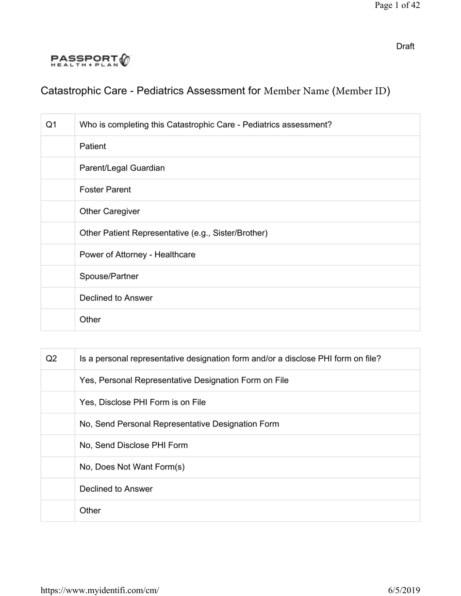 Attachment G.8-6 Catastrophic Care - Pediatrics Assessment for Member Name - Kentucky, Page 1