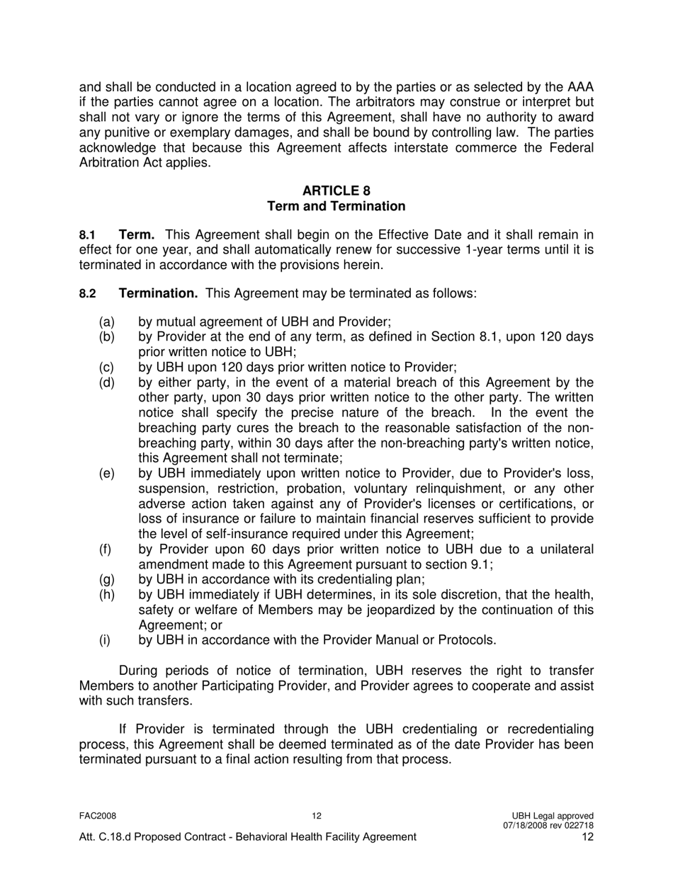 Attachment C.18.D United Behavioral Health Facility Participating Provider Agreement - Kentucky, Page 12
