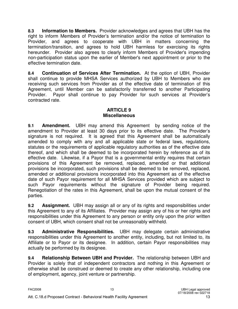 Attachment C.18.D United Behavioral Health Facility Participating Provider Agreement - Kentucky, Page 13