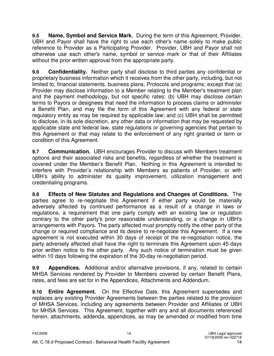 Attachment C.18.D United Behavioral Health Facility Participating Provider Agreement - Kentucky, Page 14
