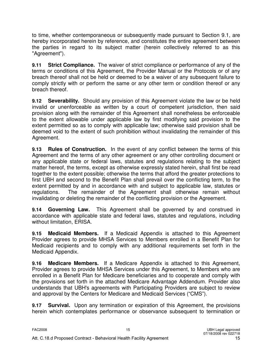 Attachment C.18.D United Behavioral Health Facility Participating Provider Agreement - Kentucky, Page 15
