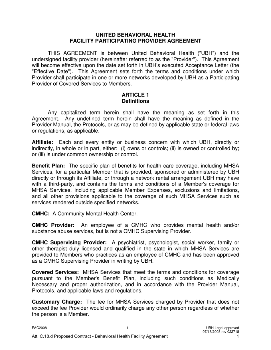 Attachment C.18.D United Behavioral Health Facility Participating Provider Agreement - Kentucky, Page 1