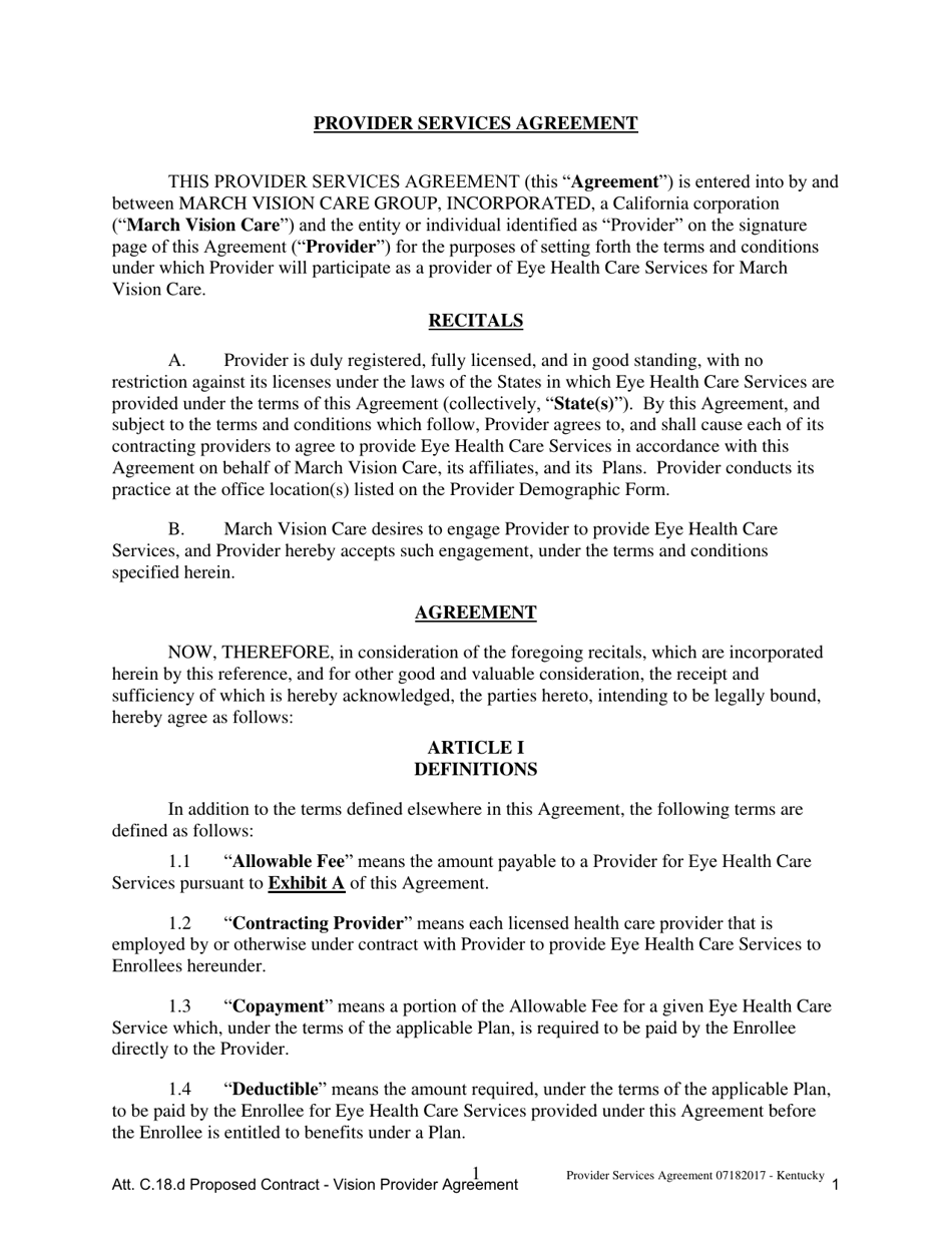 Attachment C.18.D Vision Provider Agreement - Kentucky, Page 1