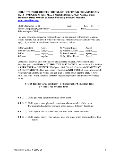 Attachment G.8.A.VI-1 Child Stress Disorders Checklist - Screening Form (Csdc-SF) - Kentucky