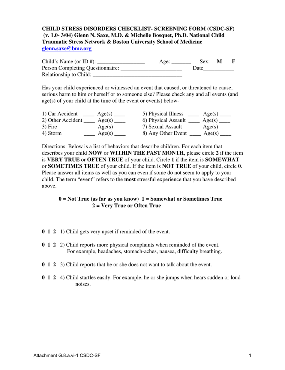 Attachment G.8.A.VI-1 Child Stress Disorders Checklist - Screening Form (Csdc-SF) - Kentucky, Page 1