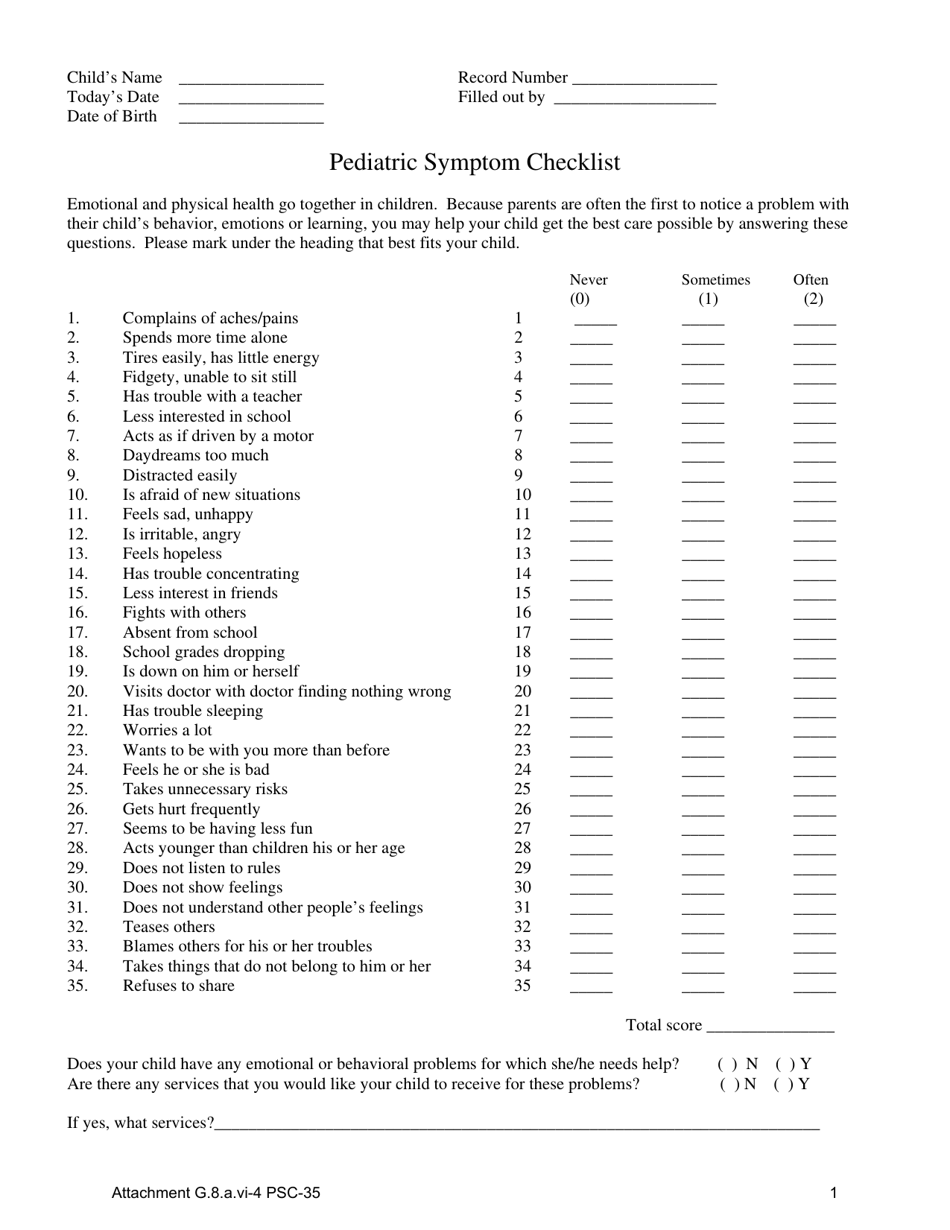 Attachment G.8.A.VI-4 Pediatric Symptom Checklist - Kentucky, Page 1