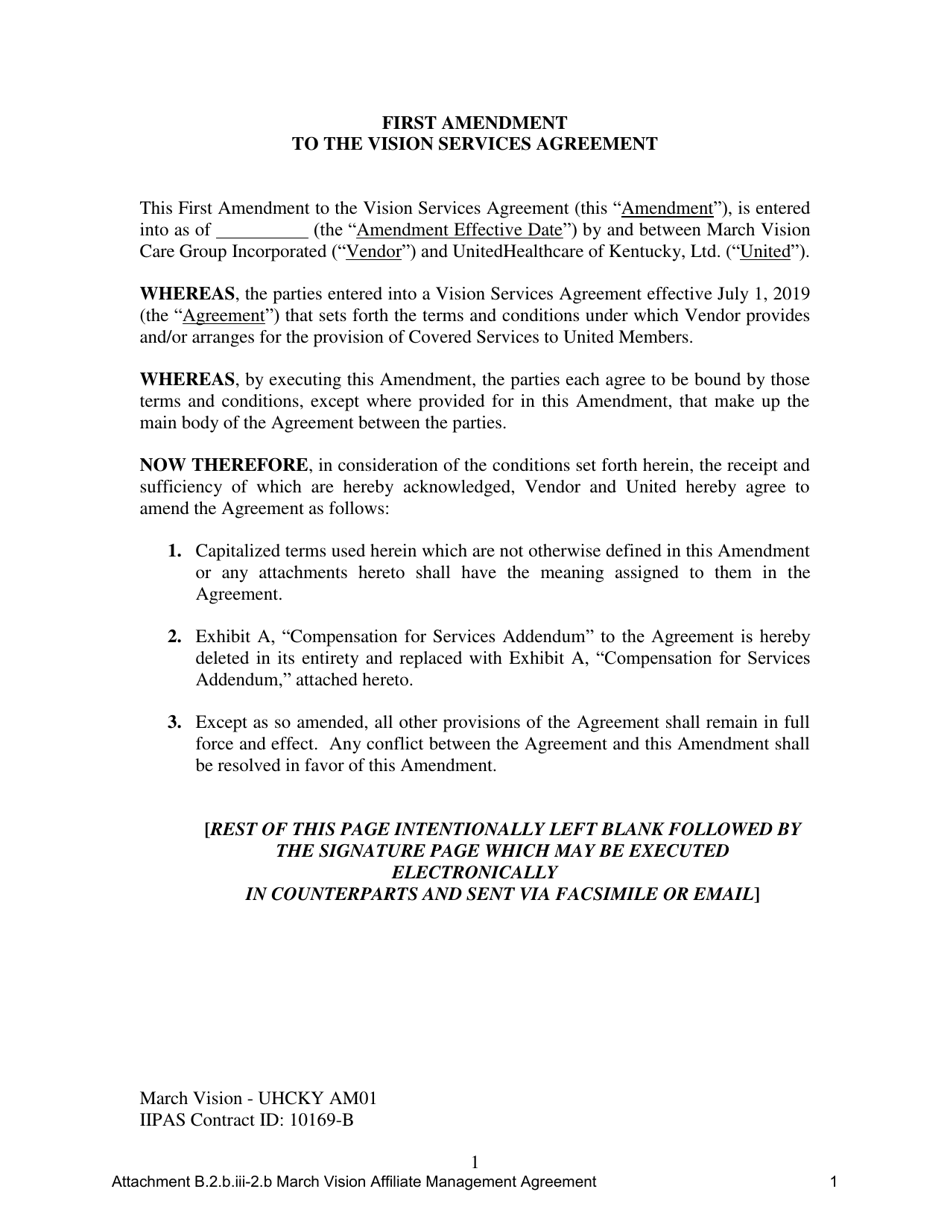 Attachment B.2.B.III-2.B First Amendment to the Vision Services Agreement - Kentucky, Page 1