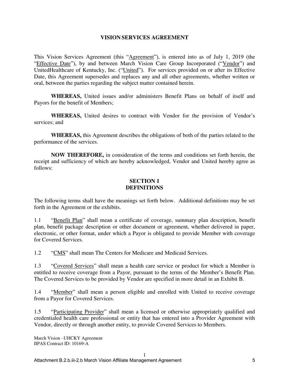 Attachment B.2.B.III-2.B First Amendment to the Vision Services Agreement - Kentucky, Page 5