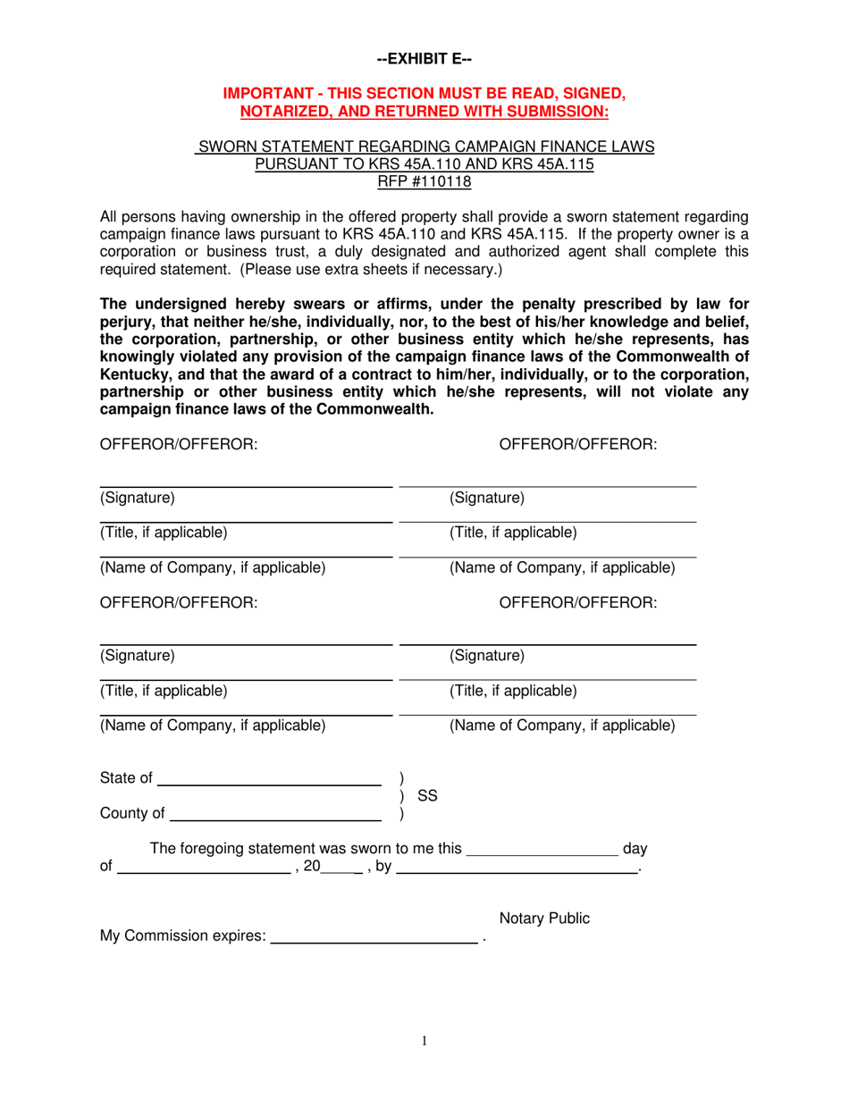 Exhibit E Sworn Statement Regarding Campaign Finance Laws Pursuant to Krs 45a.110 and Krs 45a.115 - Kentucky, Page 1
