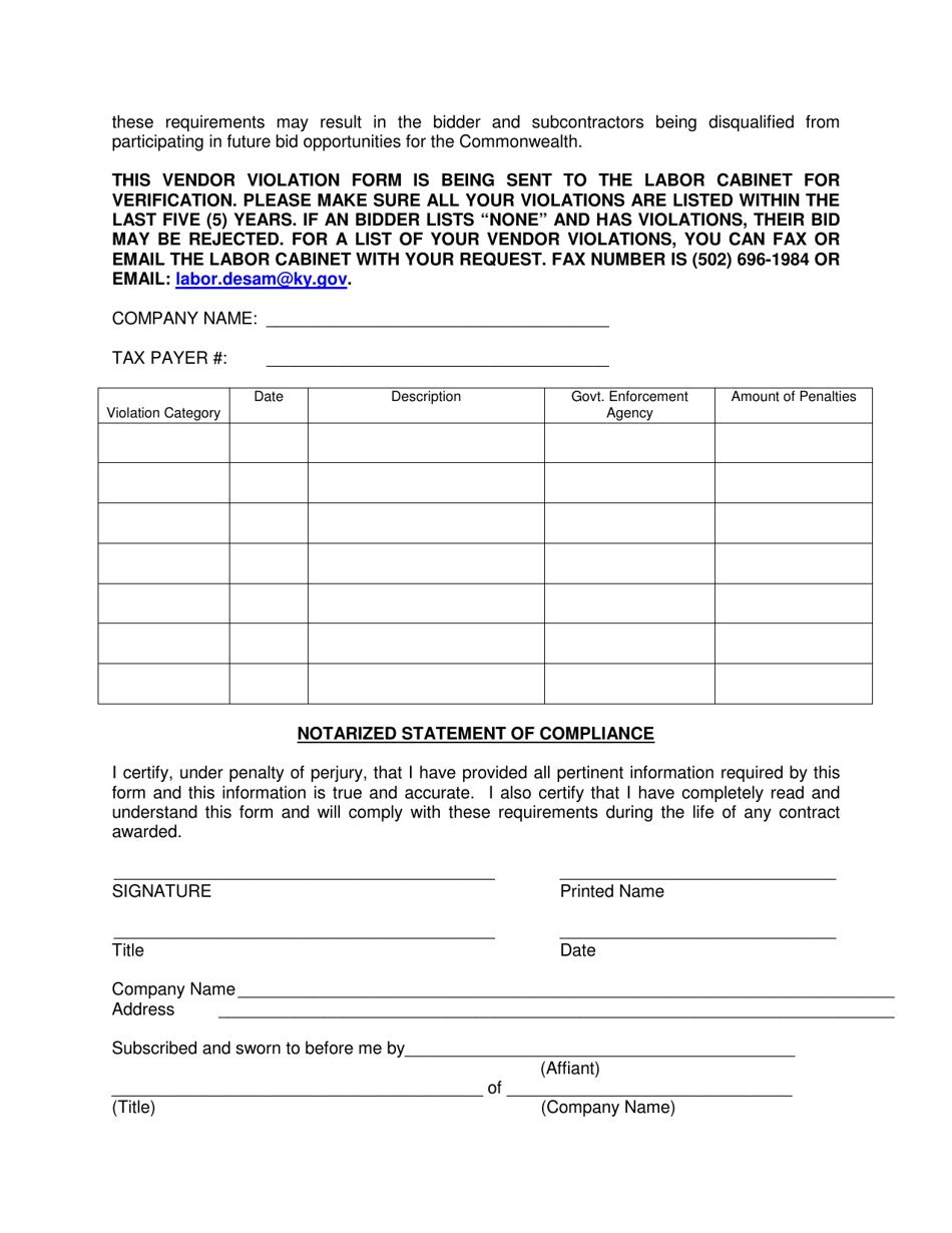 Exhibit I Vendor Report of Prior Violations on Construction Sealed Bids - Kentucky, Page 2