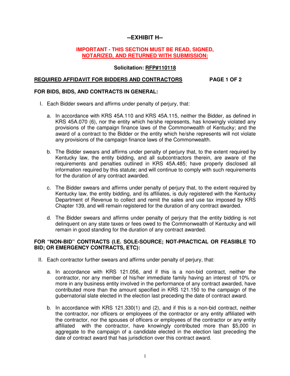 Exhibit H Required Affidavit for Bidders and Contractors - Kentucky, Page 1