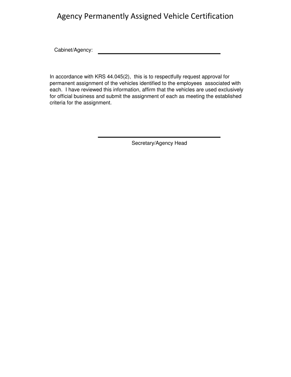 Agency Permanently Assigned Vehicle Certification - Kentucky, Page 1