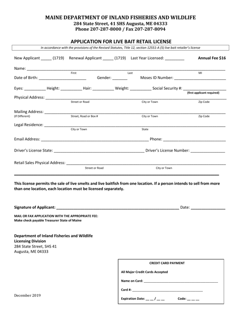Application for Live Bait Retail License - Maine