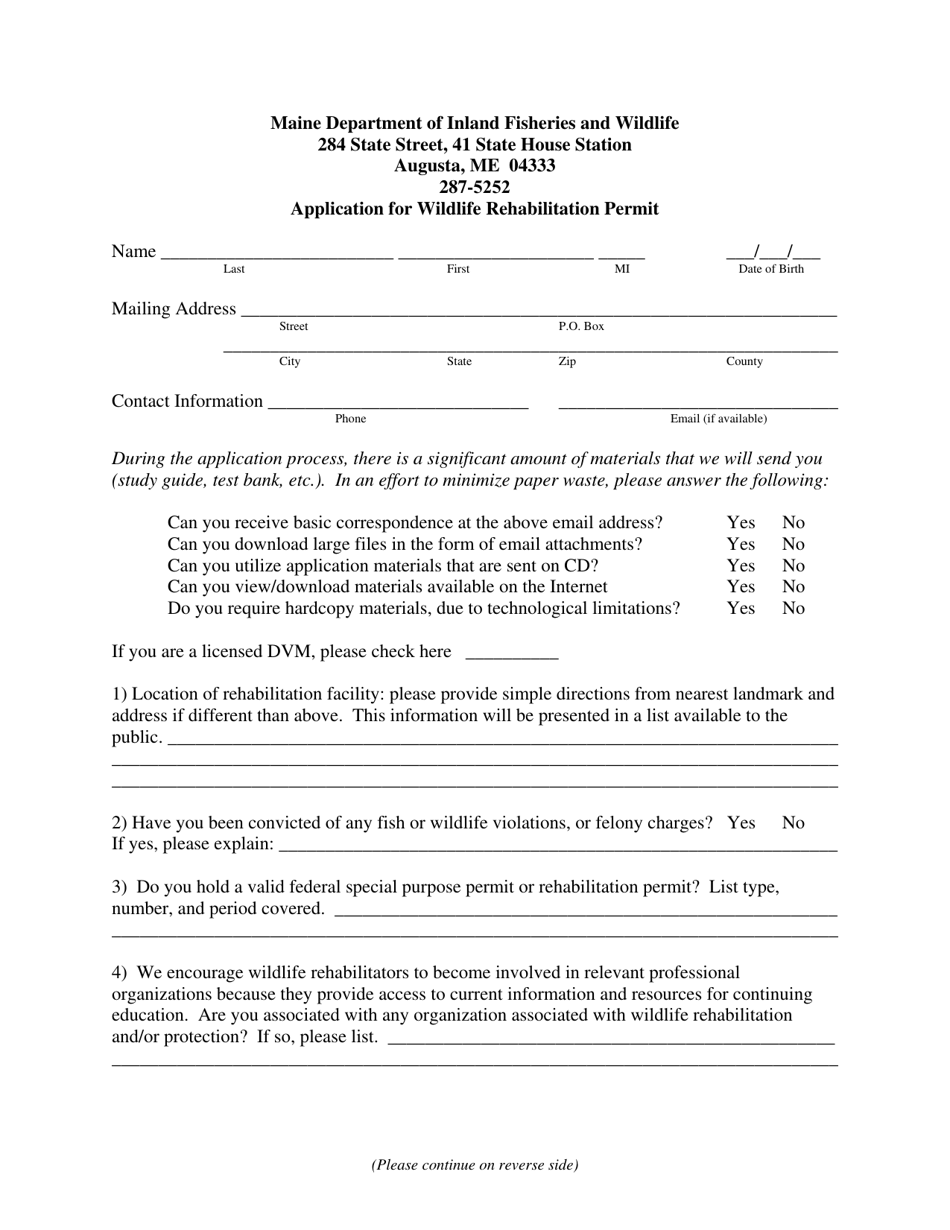 Application for Wildlife Rehabilitation Permit - Maine, Page 1
