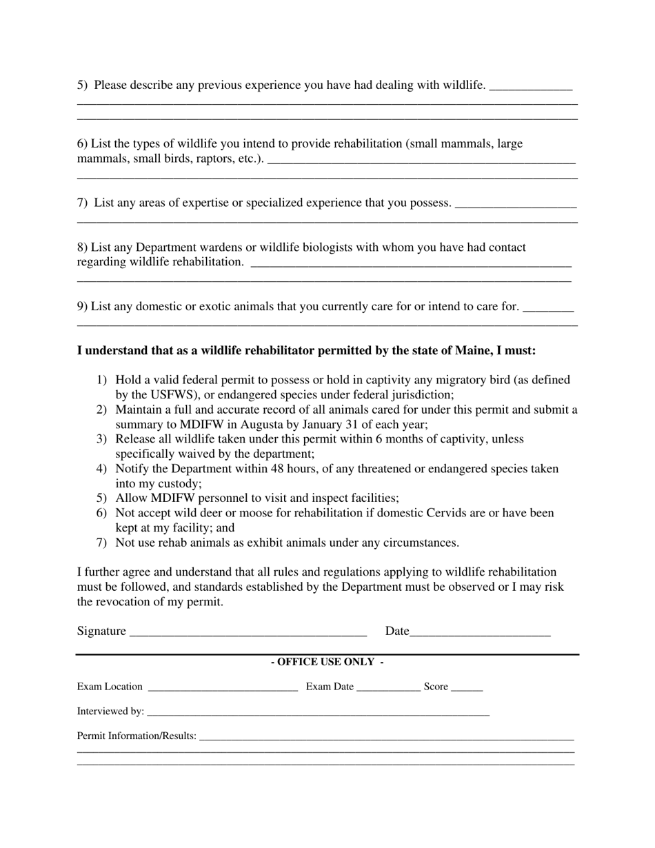 Maine Application for Wildlife Rehabilitation Permit Fill Out, Sign