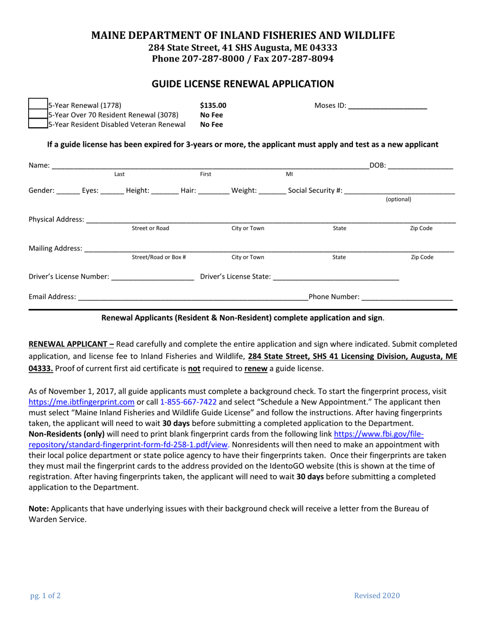 Guide License Renewal Application - Maine, Page 1