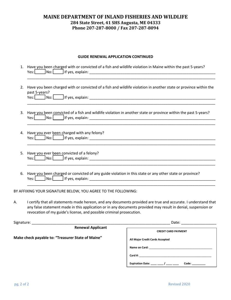 Guide License Renewal Application - Maine, Page 2
