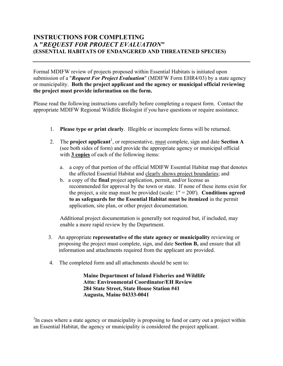 MDIFW Form EHR Request for Project Evaluation - Essential Habitats of Endangered and Threatened Species - Maine, Page 1